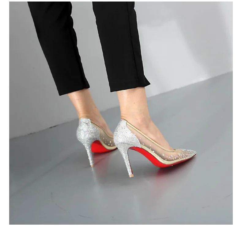 summer Classic Women's Fashion Single Shoes Pointed Rhinestone Mesh Breathable High Heels Red Bottom