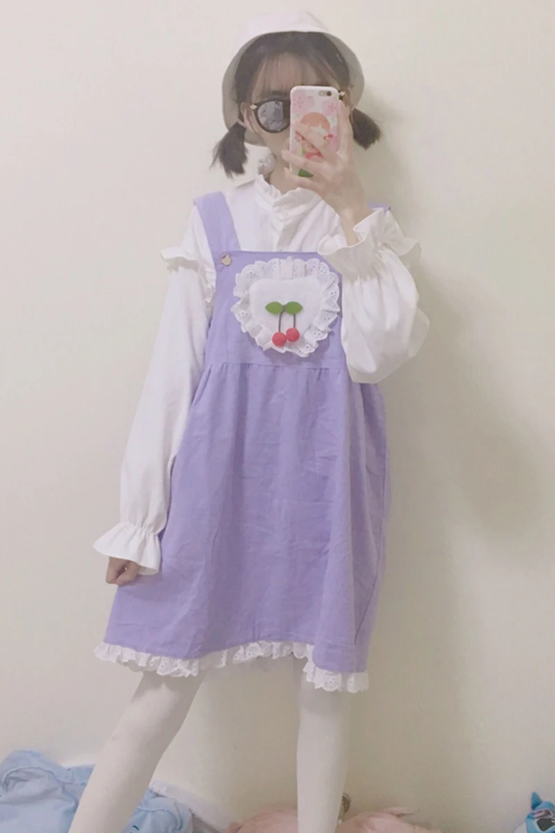 Лоскутное кружевное вязаное платье в стиле «лолита» с милыми вишневыми кисточками в стиле «лолита»; Японское студенческое платье на бретелях для девочек; корейский модный халат; свободные топы - Цвет: only purple dress