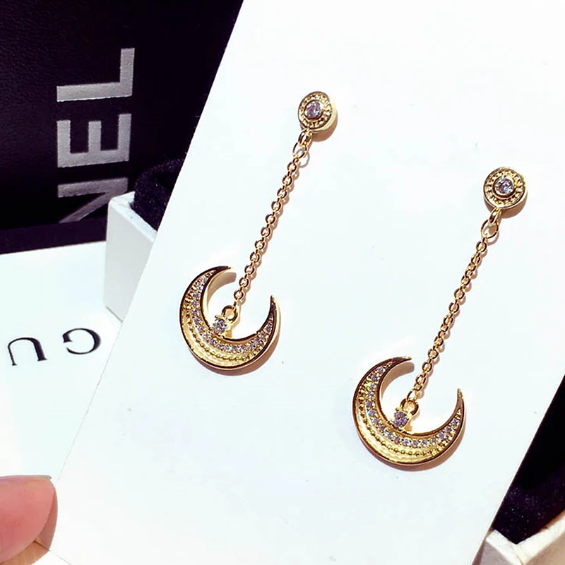 Luxury Elegant Shine Rhinestone Moon Earring for Women Feminia AAA Cubic Zirconia Drop Earrings Fine Jewelry Pendant Gift