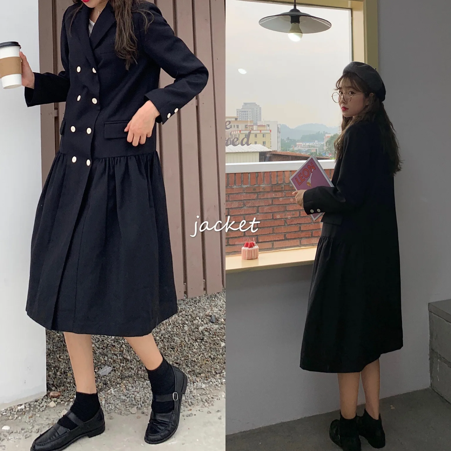 

Photo Shoot 2019 Early Autumn New Style South Korea Retro Solid Color Double Breasted Pleated Suit Dress