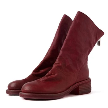 

New Arrivals Genuine Leather Ankle Booties Zipper Up Chunky Medium Heels Round Toe Shoes Winter Autumn Spring Casual Party Boots