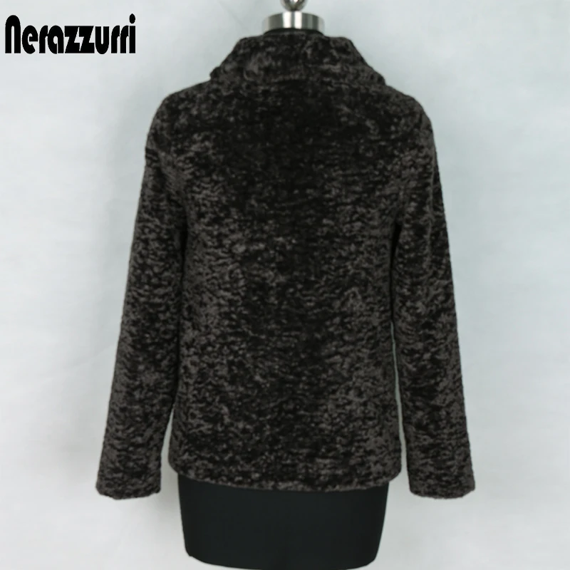 Beste Nerazzurri herfst winter shearling jas vrouwen lange mouw turn down kraag zwart faux fur jas plus size vrouw kleren 5xl 6xl