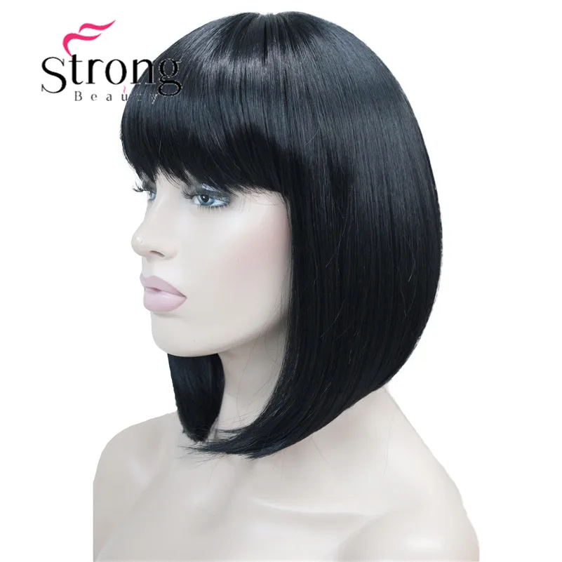 1 Dark Black StrongBeauty короткий прямой блонд выделенный боб с челкой синтетический парик черный коричневый красный женские парики выбор цвета - Цвет: 1 Dark Black
