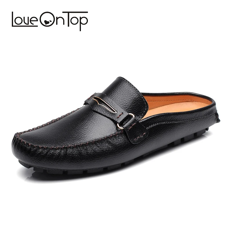 

Loveontop 2019 New Summer Men's Mule Shoes Black Leather Half Slippers Fashion Comfortable Slip on Casual Shoe Male Big Size 47