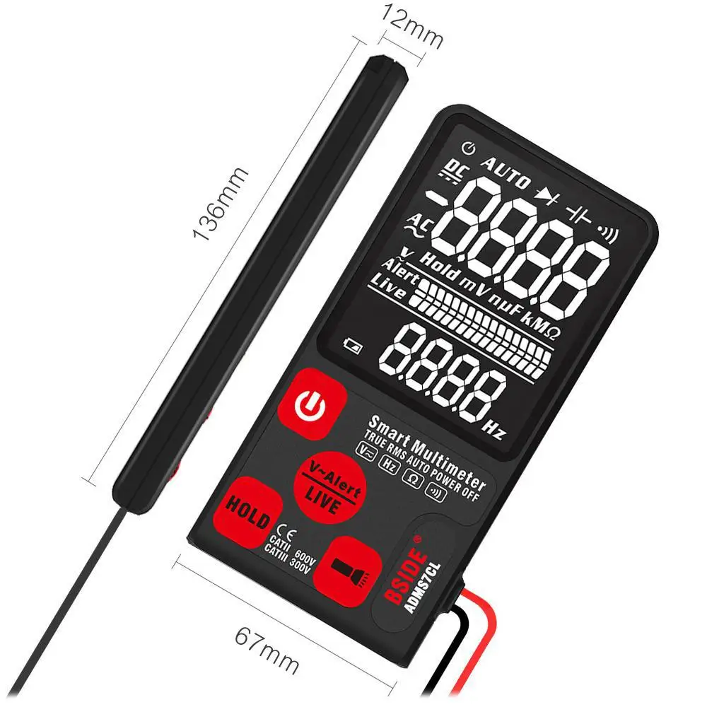 

Ultra-Portable Digital Multimeter BSIDE ADMS7 Large 3.5" LCD 3-Line Display Voltmeter AC DC Voltage NCV Resistance Ohm Hz Tester