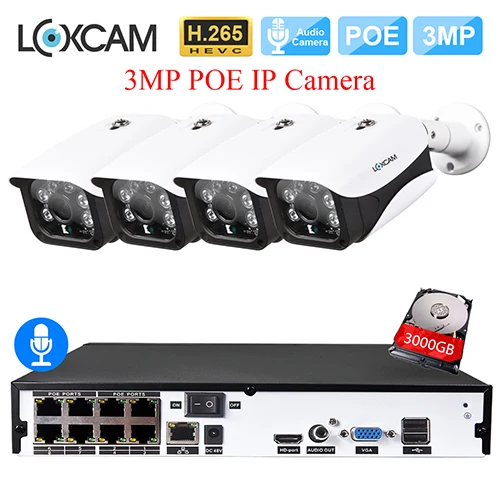 LOXCAM H.265+ 8CH POE CCTV NVR система 48 В 3MP наружная Безопасность Аудио ночное видение IP камера POE Onvif HD комплект видеонаблюдения - Цвет: 8CH NVR x 4 Cameras