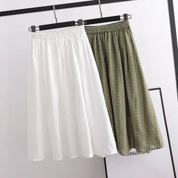 

KYQIAO long skirts womens summer korean style brief long army green white embroidery cotton midi skirt jupe femme