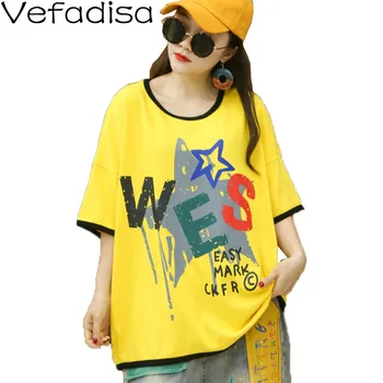 

Vefadisa Letter Print Women T-shirt 2020 Summer Star Print Women T-shirt Casual Loose Female Top Black White Yellow Red QYF2463
