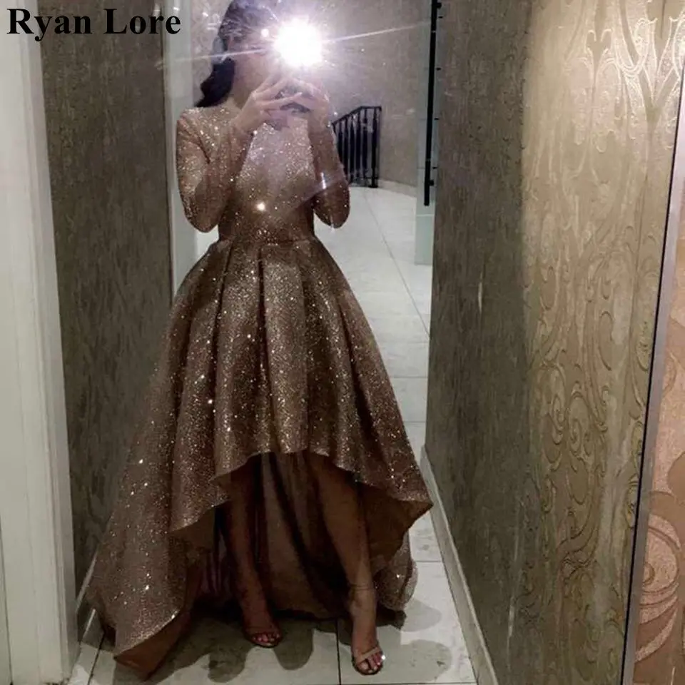 

Sequined Evening Dresses 2020 New Gold Short Front Long Back Prom Gowns Long Sleeves robe de soiree Party Formal longue mariage