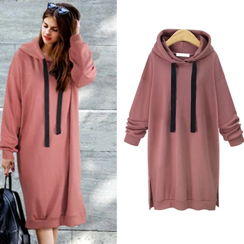 

2019 Plain Hooded Sweatshirt Dress Side Split Long Hoodie Poleron Mujer Tunic Long Sleeve Lace Up Drawstring Hoodie Women Solid