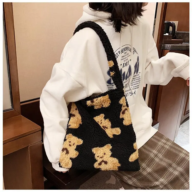 medium shoulder bag Women Lamb Like Fabric Shoulder Tote Bag Canvas Fluffy Fur Bear Handbags Large Capacity Soft Shopping Bags Girls Cute School Bag Shoulder Bags near me