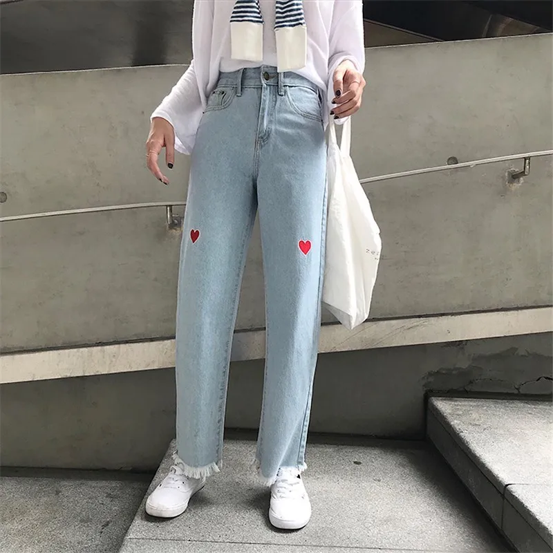 Женские брюки с высокой талией, широкие брюки, штаны в стиле Харадзюку, милые джинсовые брюки с вышивкой в виде сердца, осенние корейские синие свободные джинсы
