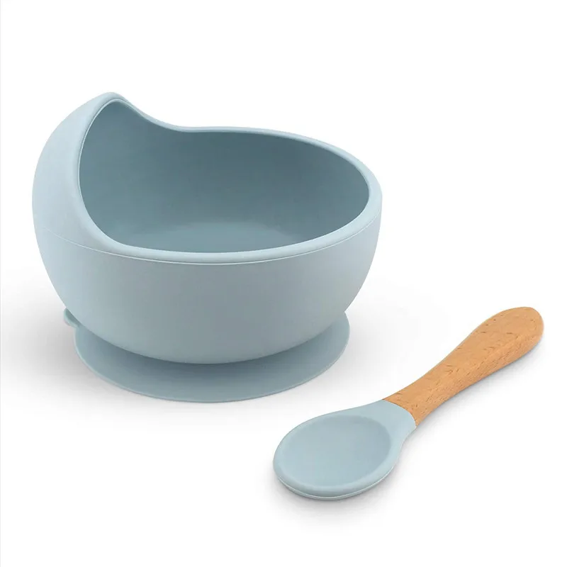 Juego de alimentación de silicona para bebé, vajilla de madera, cucharas, vajilla de alimentos, platos para niños, tazón de succión, tazón de cena sin BPA