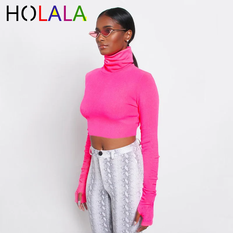 

HOLALA High Neck Long Sleeve Solid Sexy Crop Tops 2020 Spring Autumn Winter Women Fashion Christmas Party Sport T-shirts