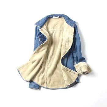 

2019 New Winter Ladies Thick Warm Denim Shirts Streetwear Slim Fit Lapel Collar Shirts Female Fleece Lining Jean Shirts Jacket