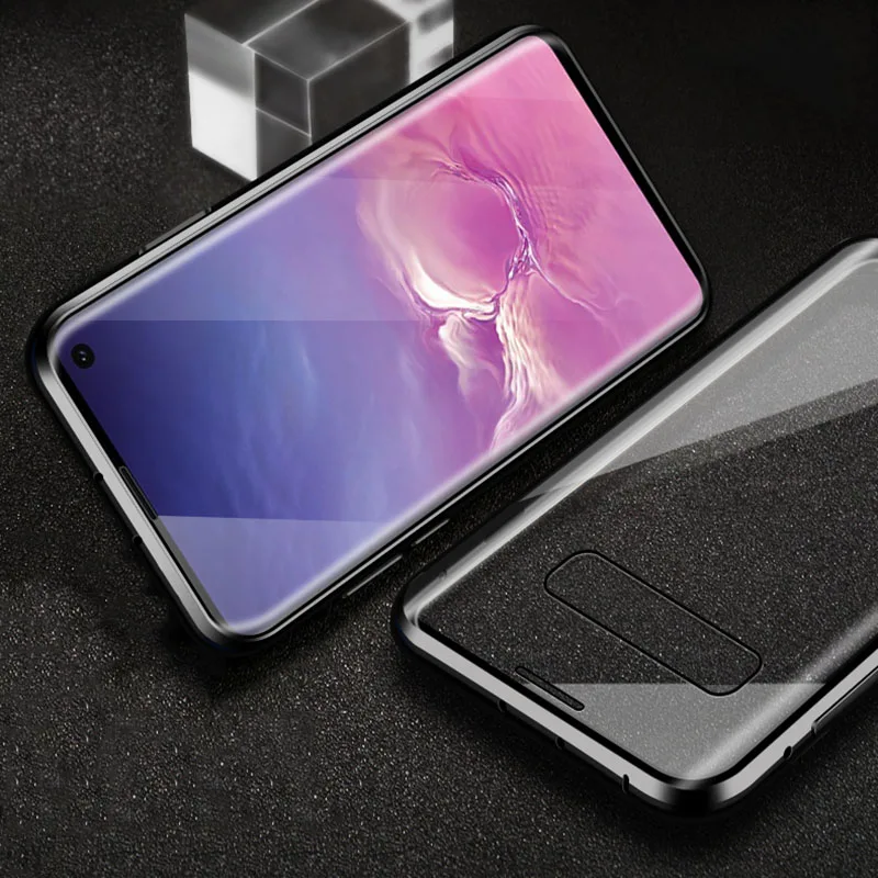 Переднее и заднее закаленное Стекло металлический магнитный чехол для samsung Galaxy Note 10 9 8 Pro S10 S9 S8 плюс S10E A70 A60 A50 A40A30 A10 - Цвет: Black
