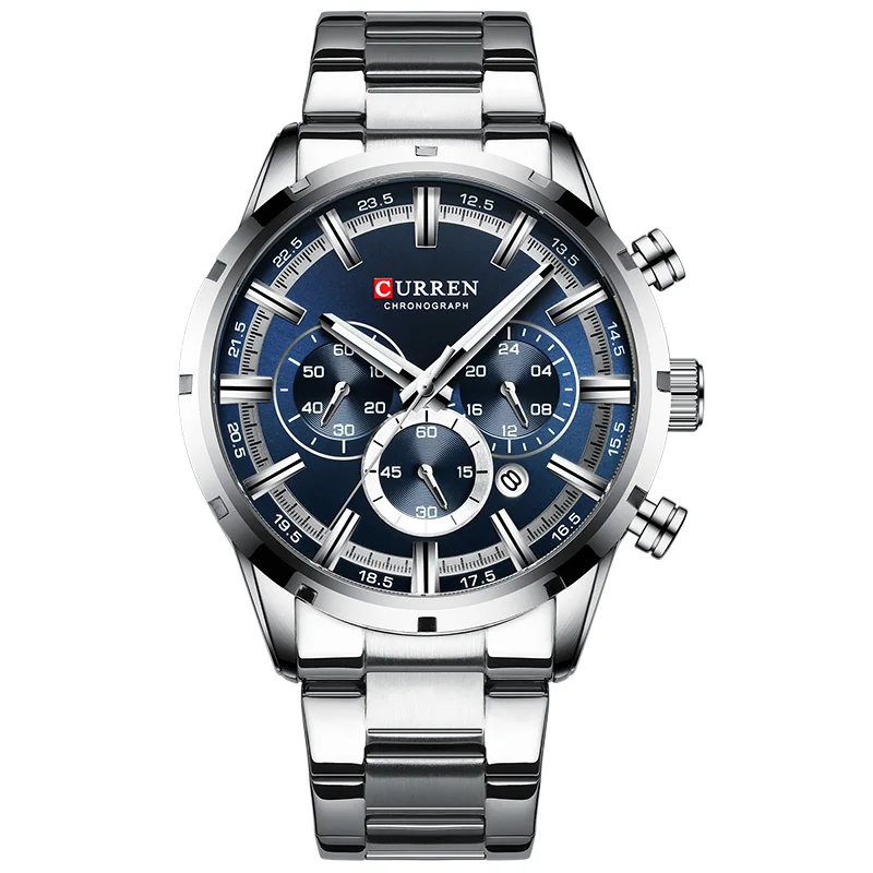 silver blue Новинка CURREN, модные мужские часы из нержавеющей стали, Топ бренд, роскошные спортивные кварцевые часы с хронографом, мужские часы - Цвет: silver blue