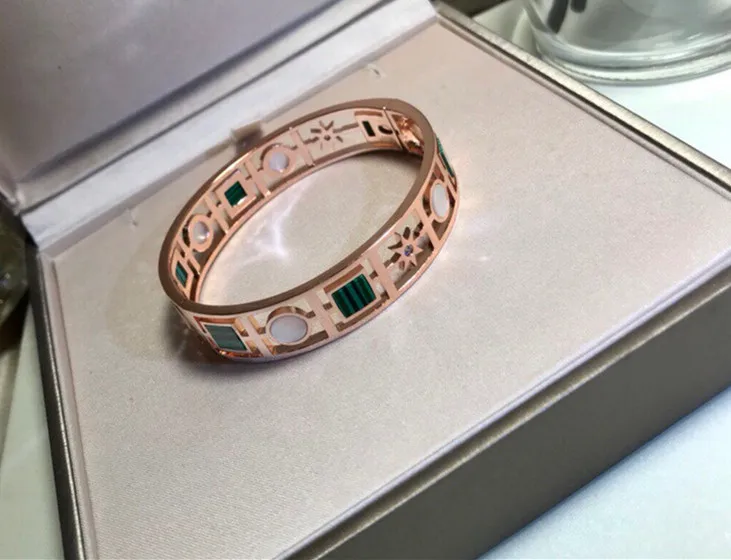 

Famous Brand party jewelry sun flower geometric bracelet malchite stone 8 point star bangle rose gold mother of pearl jewelry