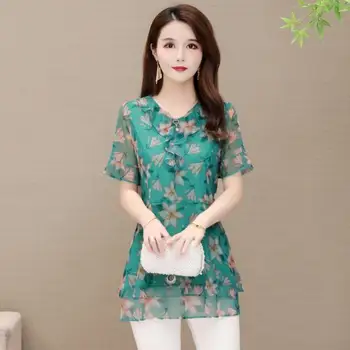 

2020 summer new short-sleeved shirt mesh printing mother small shirt female foreign waist waist cover belly bottoming shirt fema