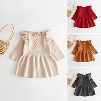 

CANIS Autumn Winter Cute Kids Baby Girl Princess Sweater Dress Toddler Party Tutu Long Sleeve Ruffles Warm Dress