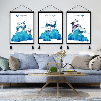 

3Pcs Nordic Tapestry Simple Blue Tapestry Decorative Fabric Hanging Picture Bedside Decorative Hanging Fabric