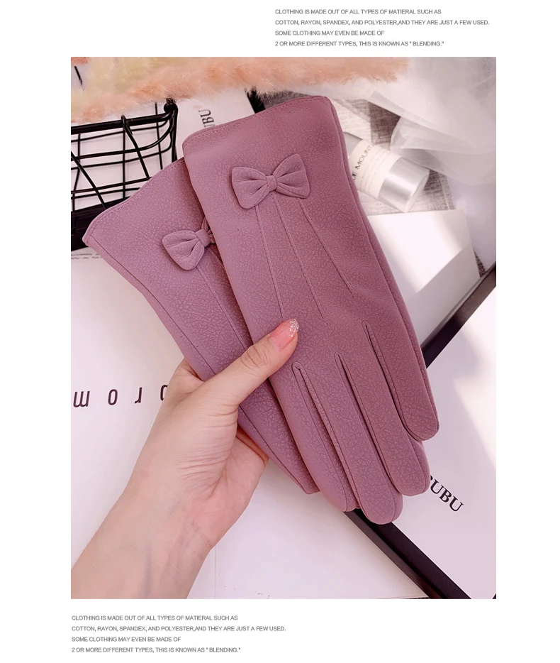 Leather gloves female winter plus velvet thick warm cute student riding driving windproof waterproof touch screen gloves
