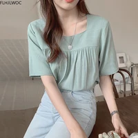 Cotton Linen Tops Summer Casual Cute Sweet Preppy Style Girls Square Collar Green Women Shirts Blouses Vintage Clothing 2