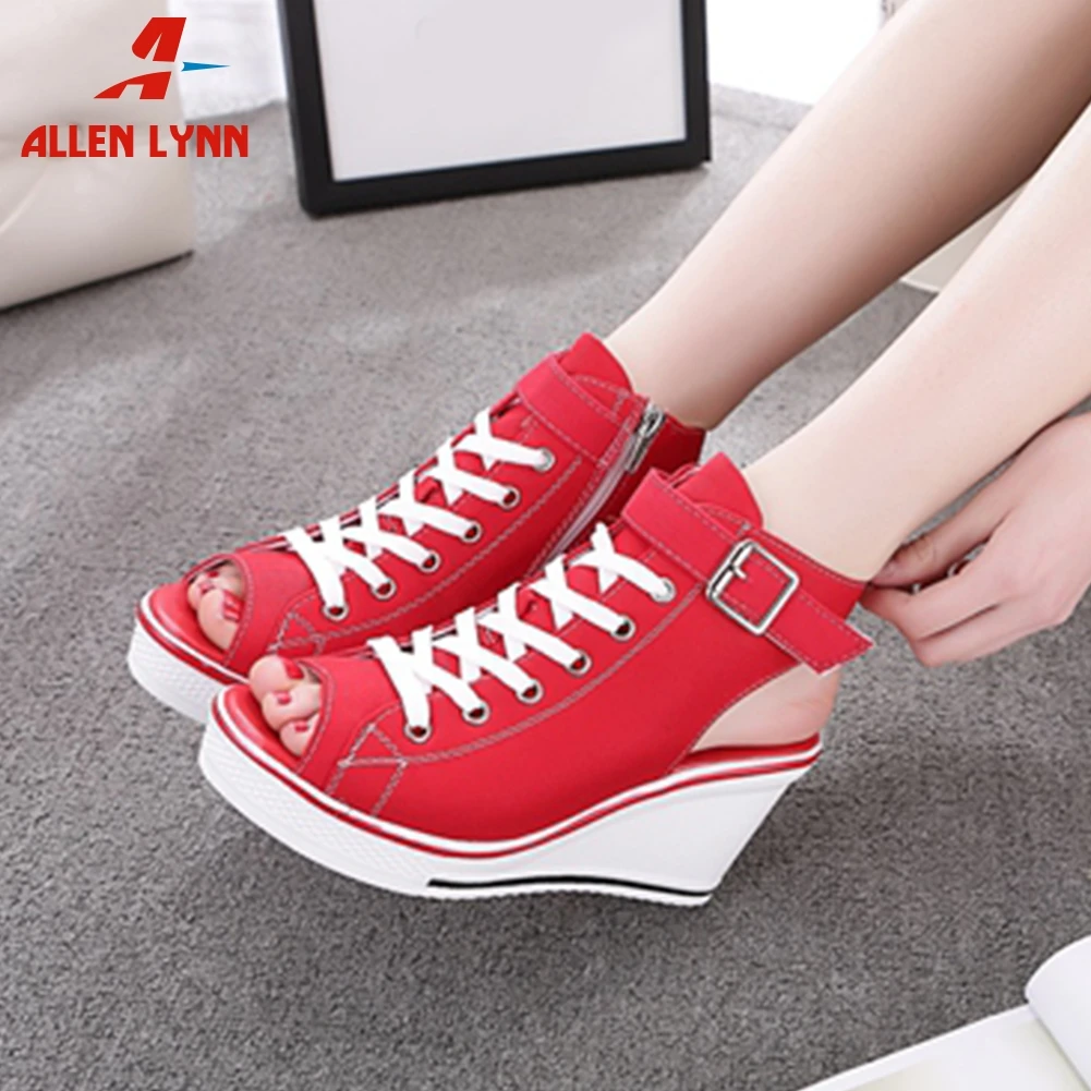 

ALLEN Cool Lady Buckle Decoration High Heel Platform Shoes Woman Peep Toe Lace Up Cool Pumps Women Spring Summer Pumps
