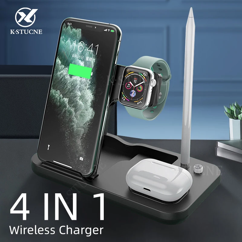 KSTUCNE 15W Fast Charge 4 In 1 QI Wireless Charger Dock Station For iPhone 11 12 Pro MAX Apple Watch Airpods Pro Charging Stand