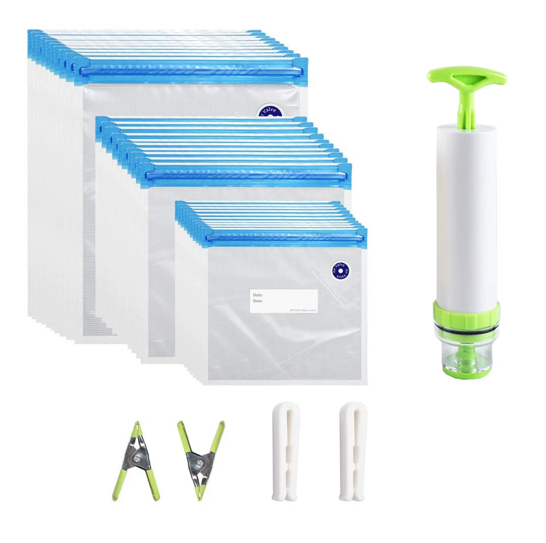 Vacuum-Seal-Bags Food-Storage Sealing-Clips Hand-Pump-Bag with for 20/17pcs-Bag-Kits