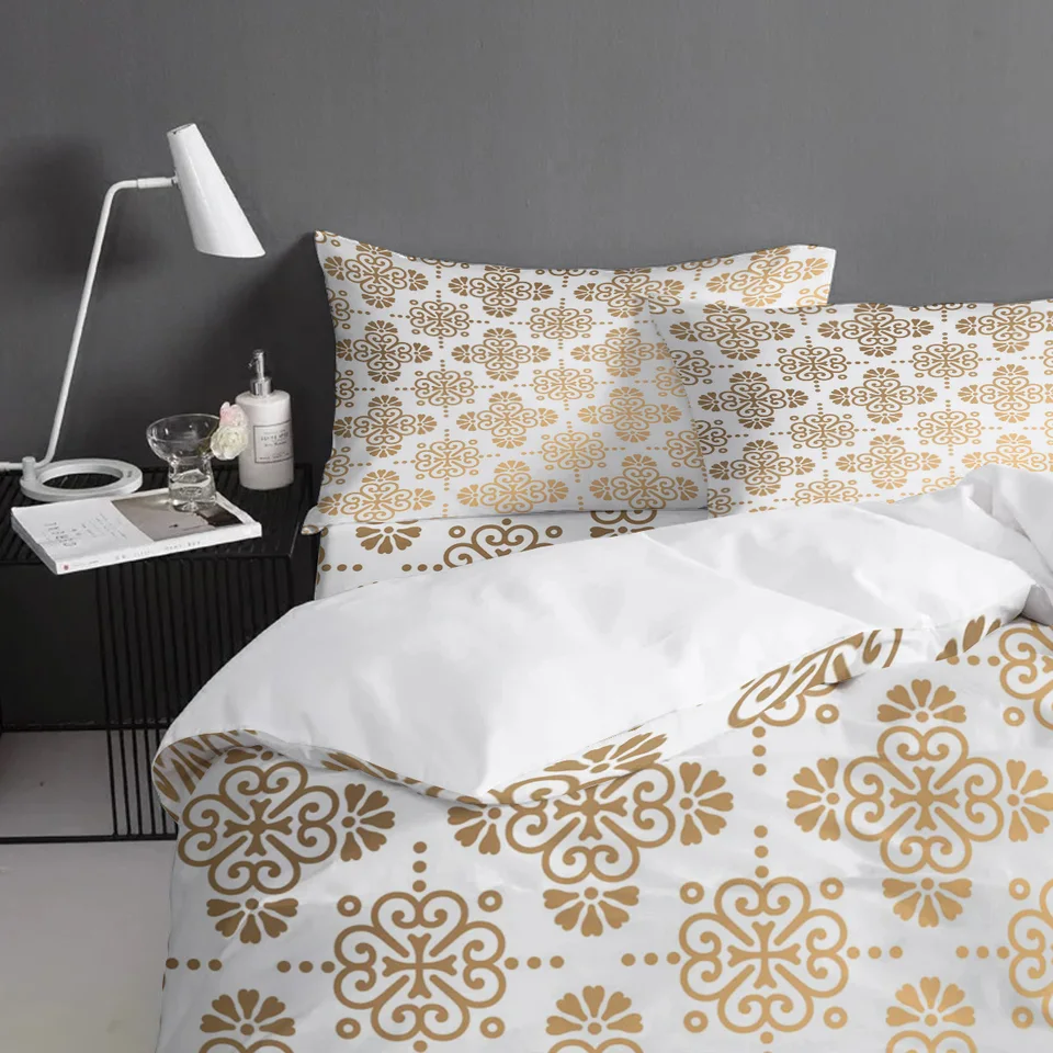 Misshouse Gold Moroccan Pattern Damask Ethnic Duvet Cover Set Bed
