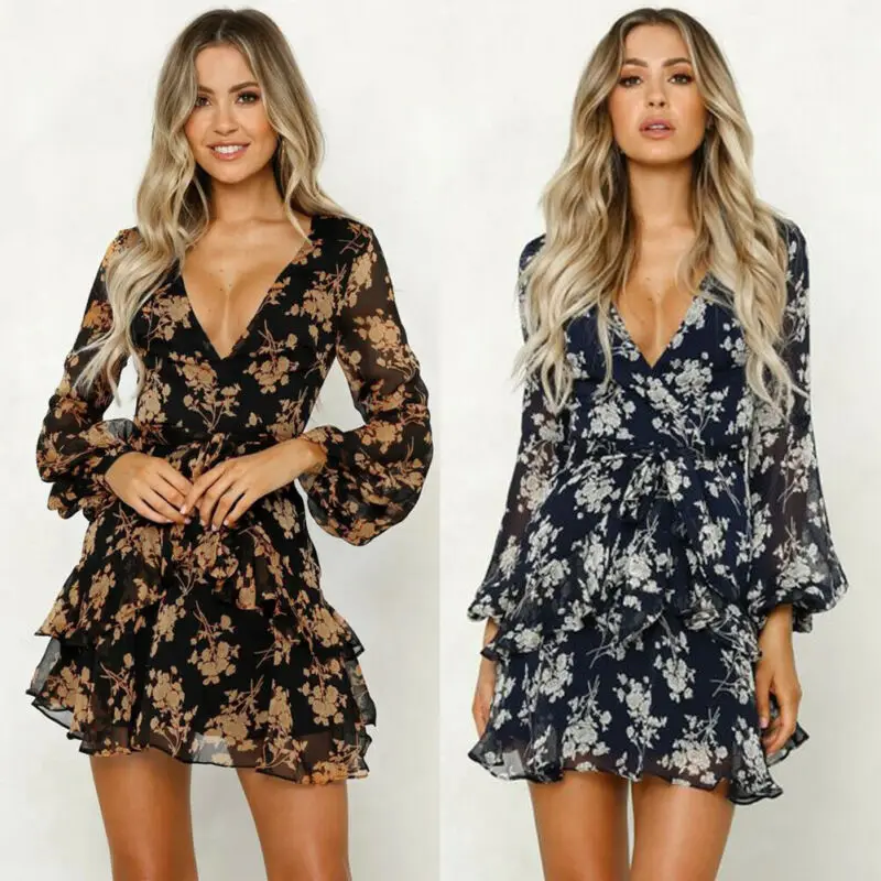 

2019 New Summer Womens Boho Floral Chiffon Dress High Waist Long Sleeve V-Neck Summer Party Beach Mini Dress