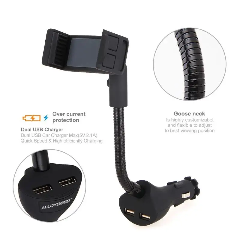 ALLOYSEED Автомобильный держатель для смартфона с двойным USB 2.1A зарядным устройством
