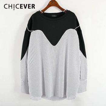 

CHICEVER Korean Striped Hit Color Women's Shirt O Neck Long Sleeve Oversize Loose Patchwork Irregular Blouse Female 2020 Autumn