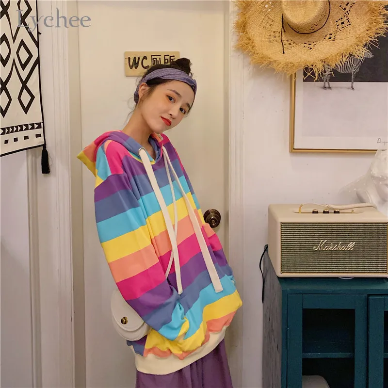 Lychee Harajuku карман радужной полосой женские толстовки с цветным блоком Осенняя Женская Спортивная толстовка с капюшоном свободные женские пуловеры