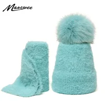 Новинка натуральный мех помпон наборы шарф шапка для родителей зимние теплые уличные хлопковые шапочки для женщин и детей Высокое качество шапка шарф набор