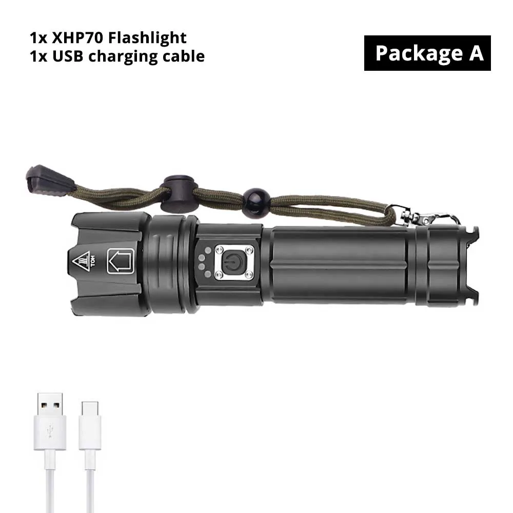 Супер яркий XHP70 светодиодный фонарик USB вход и выход функция тактический фонарь 5 Режим освещения Водонепроницаемый зум охота свет - Испускаемый цвет: Package A