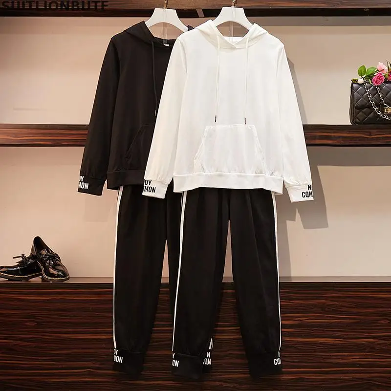 

XL-5XL Plus Size 2 Piece Set Women Hooded Pocket Letter Print Blouse Elastic Waist Pants Perfect Quality Casual Tracksuit Women