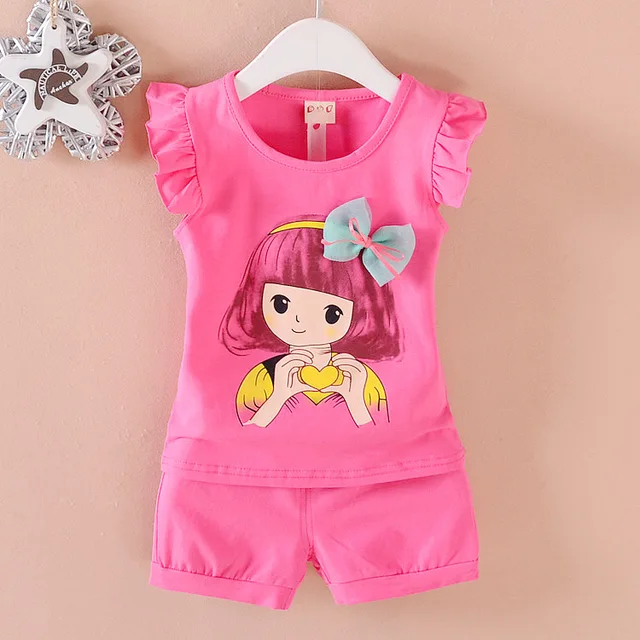 New Baby Girls Clothing Outfits Brand Summer Newborn Infant Sleeveless T-shirt Shorts 2pc/Sets Clothes Casual Sports Tracksuits BBL feixiuV Rose