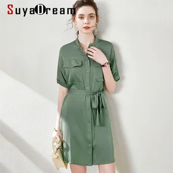 

SuyaDream 100%Silk Dress Short Sleeves Sash Mini Dress 2020 Women Two Breast Pockets Solid Office Shirt Dress Vestidos