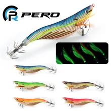 PERO 92mm 15.2g Luminous Squid Jig Fishing Wood Shrimp Bait Slow Jigging Lures with 3.0# Hook For Sea Fishing Tackle Cuttlefish