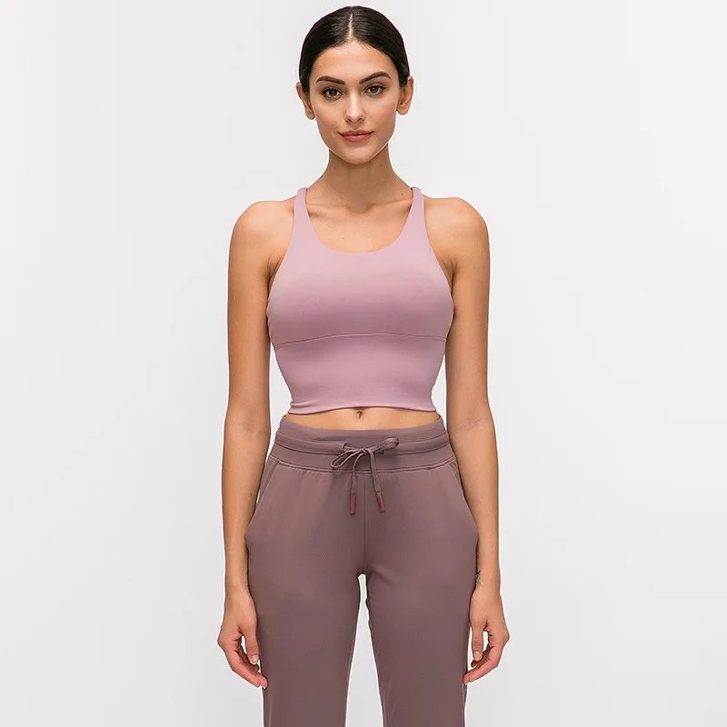 Ash purple Шикарные женские спортивные бюстгальтеры с перекрещивающимися лямками для фитнеса и бега, мягкие нейлоновые бюстгальтеры с эффектом пуш-ап для занятий йогой и активной йогой со съемными подушечками - Цвет: Ash purple