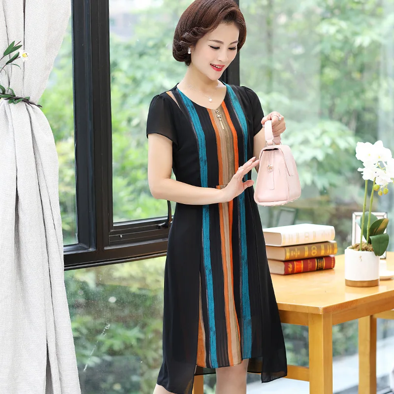 

Middle-aged WOMEN'S Apparels Summer Middle-aged Women Dress Imitated Silk Fabric Dress Mid-length New Style Western Style Chiffo