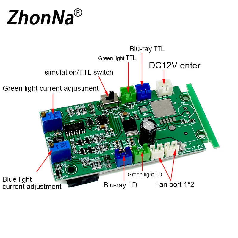 Blue-green High-power Laser PCB Circuit  Board 12V Input TTL And Analog Circuit  Switching Constant Current And Constant Voltage 589nm 50mw yellow laser dot module ttl analog tec adjustable power supply