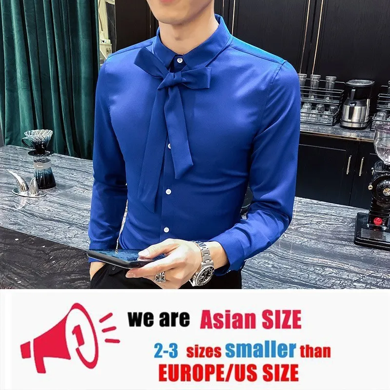 Повседневная рубашка с галстуком, мужская рубашка camisa masculina, с длинным рукавом, корейское платье, приталенный смокинг, рубашки, модные мужские Клубные вечерние рубашки - Цвет: blue