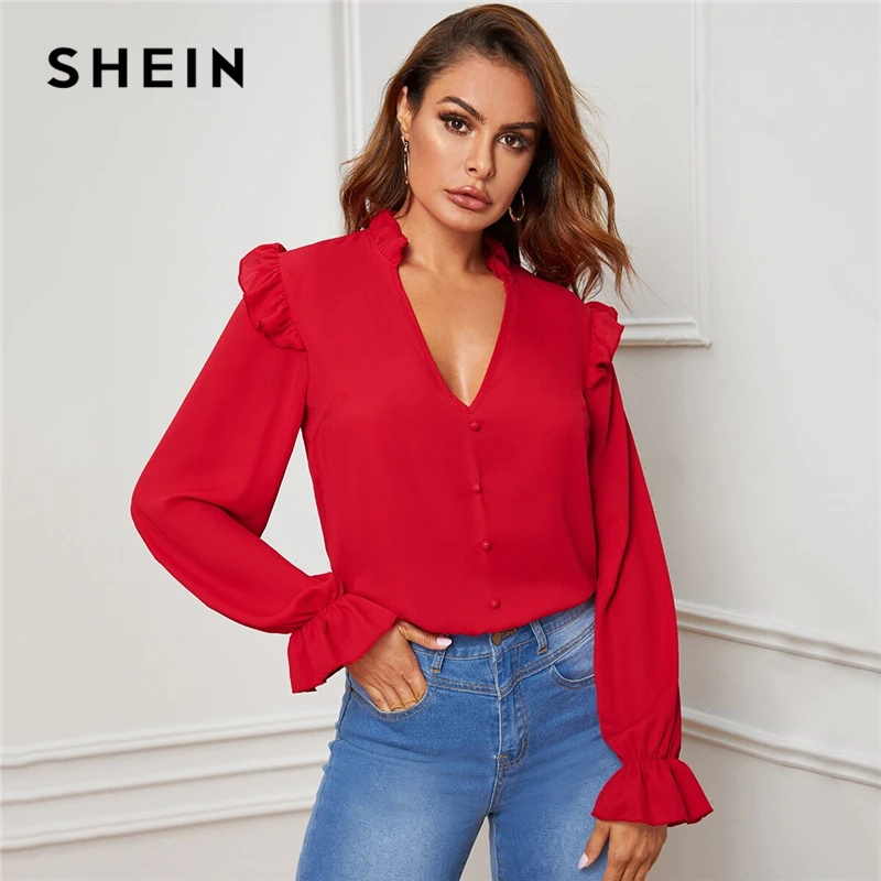 red ruffle blouse
