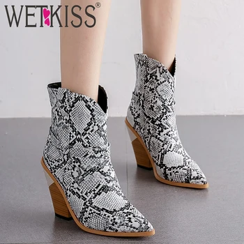 

WETKISS Snake Skin Pu Boots Women Western Ankle Boot Female High Heels Wood Shoes Ladies Pointed Toe Shoes Women Winter 2020 New
