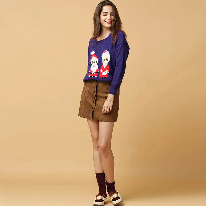 Fashion Plus Size Christmas Sweater Dark Blue Round Neck Long Sleeves Women's Oversized Sweaters Knit Sweater Winter Clothes