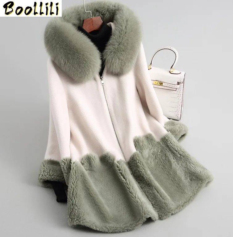 

Boollili Real Wool Fur Coat With Natural Fox Fur Collar Hooded 2020 Long Sheep Shearing Coats Winter Jacket Women