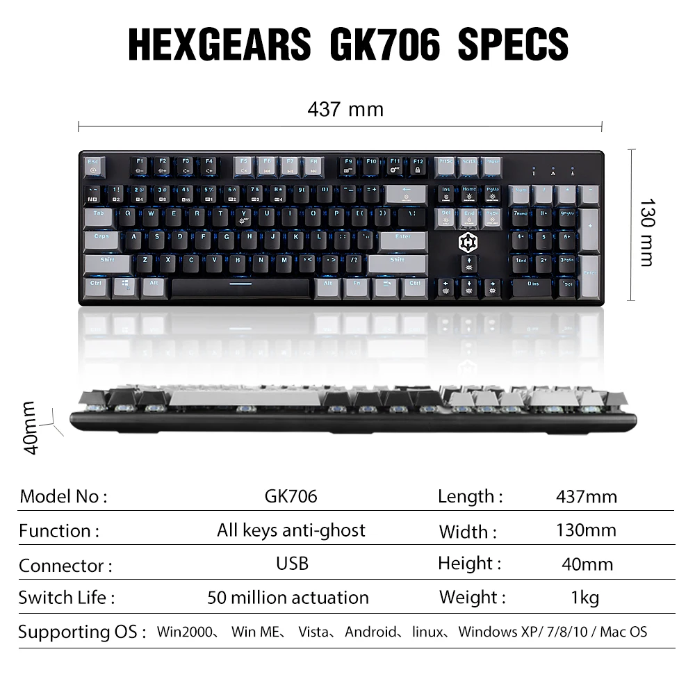  HEXGEARS GK706 Mechanical Gaming Keyboard Kailh MX Blue Switch 104 Key Water Resistance Mechanical 